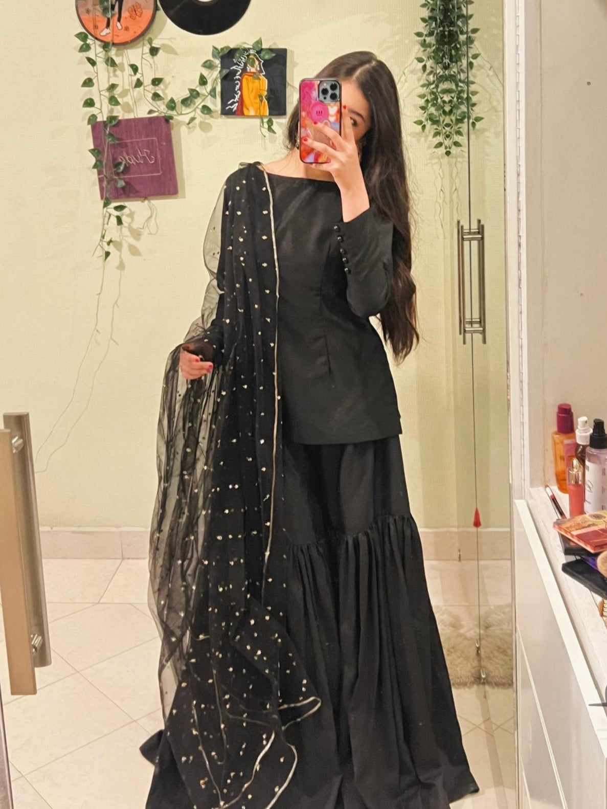 Black Silk Shirt with Garara and Embellished Organza Dupatta