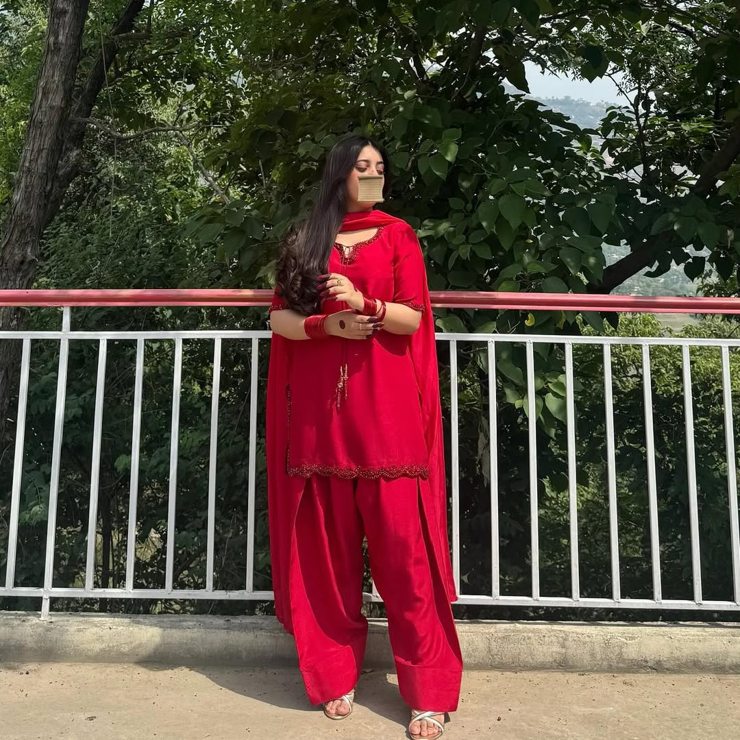 Red Silk Shirt with Farshi Shalwar and Chiffon Dupatta