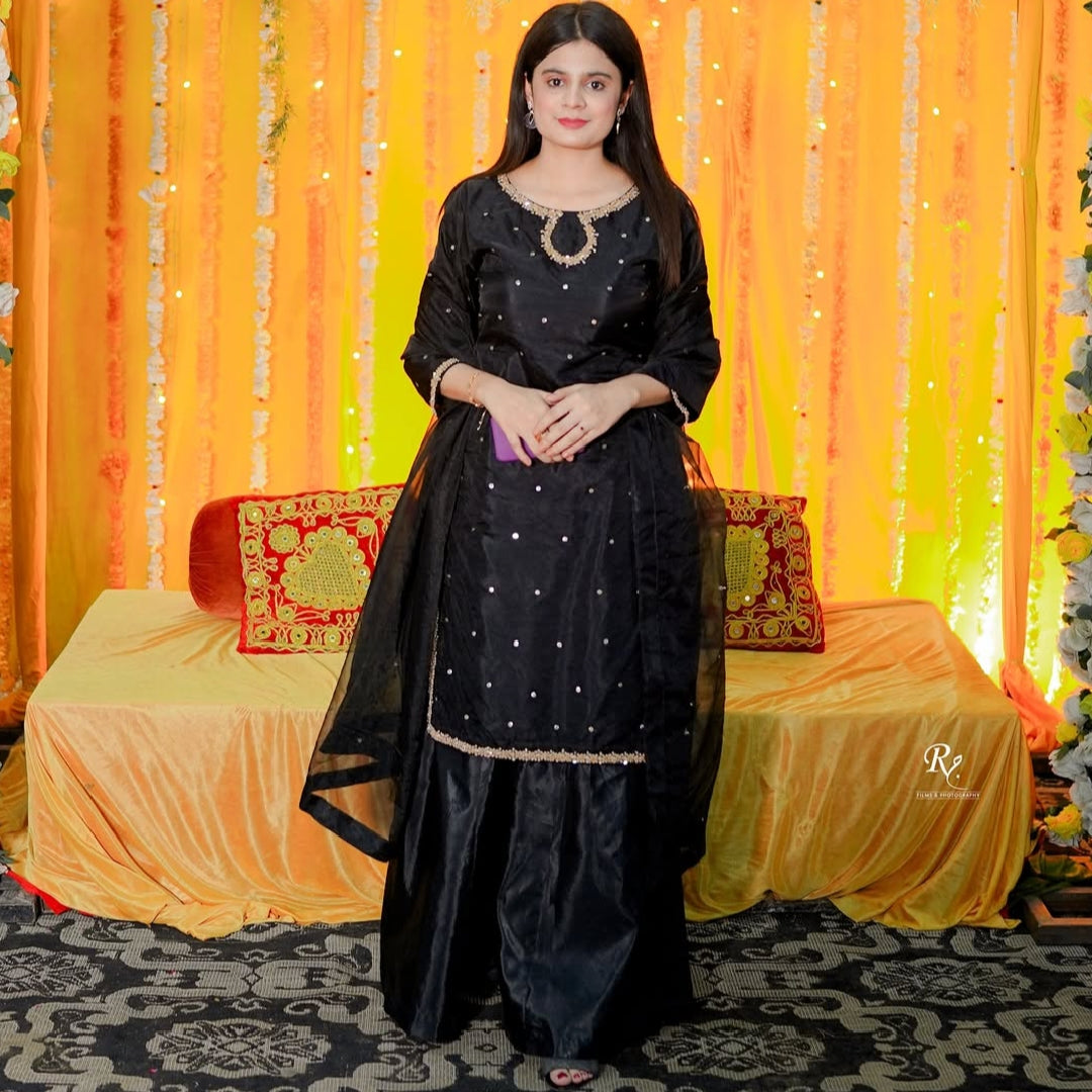 Black Silk Embellished Shirt, Silk Plazo & Organza Dupatta