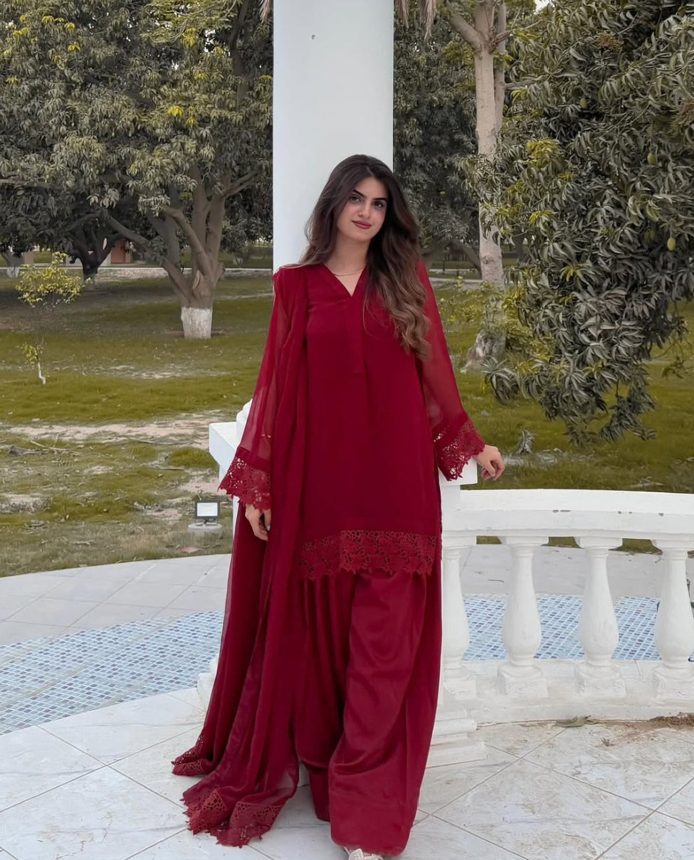 Elegant Maroon Chiffon 3-Piece Set – Shirt, Dupatta & Farshi Shalwar