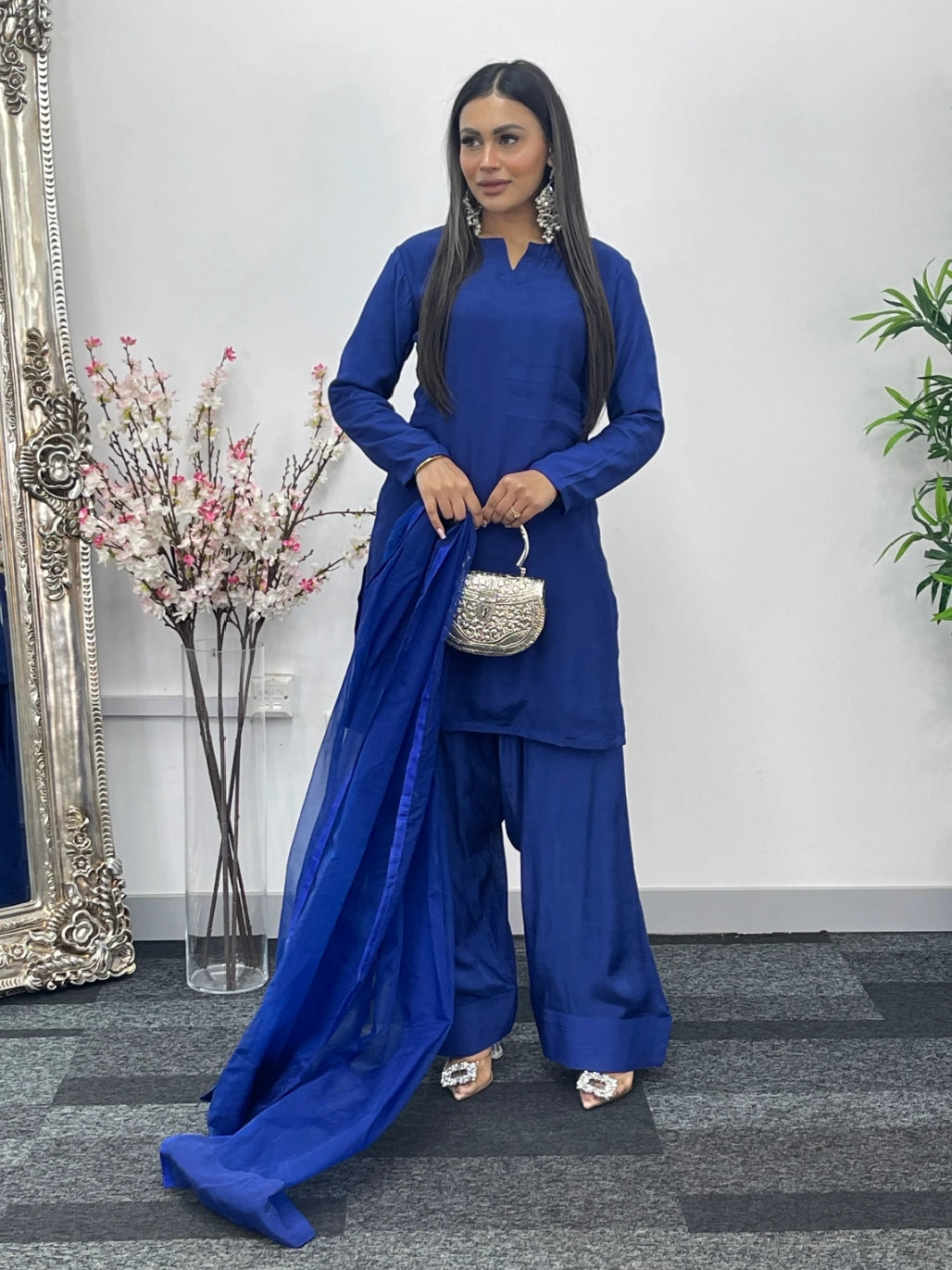 Party Wear 3pc Dress In Korean Silk With Organza Dupatta
