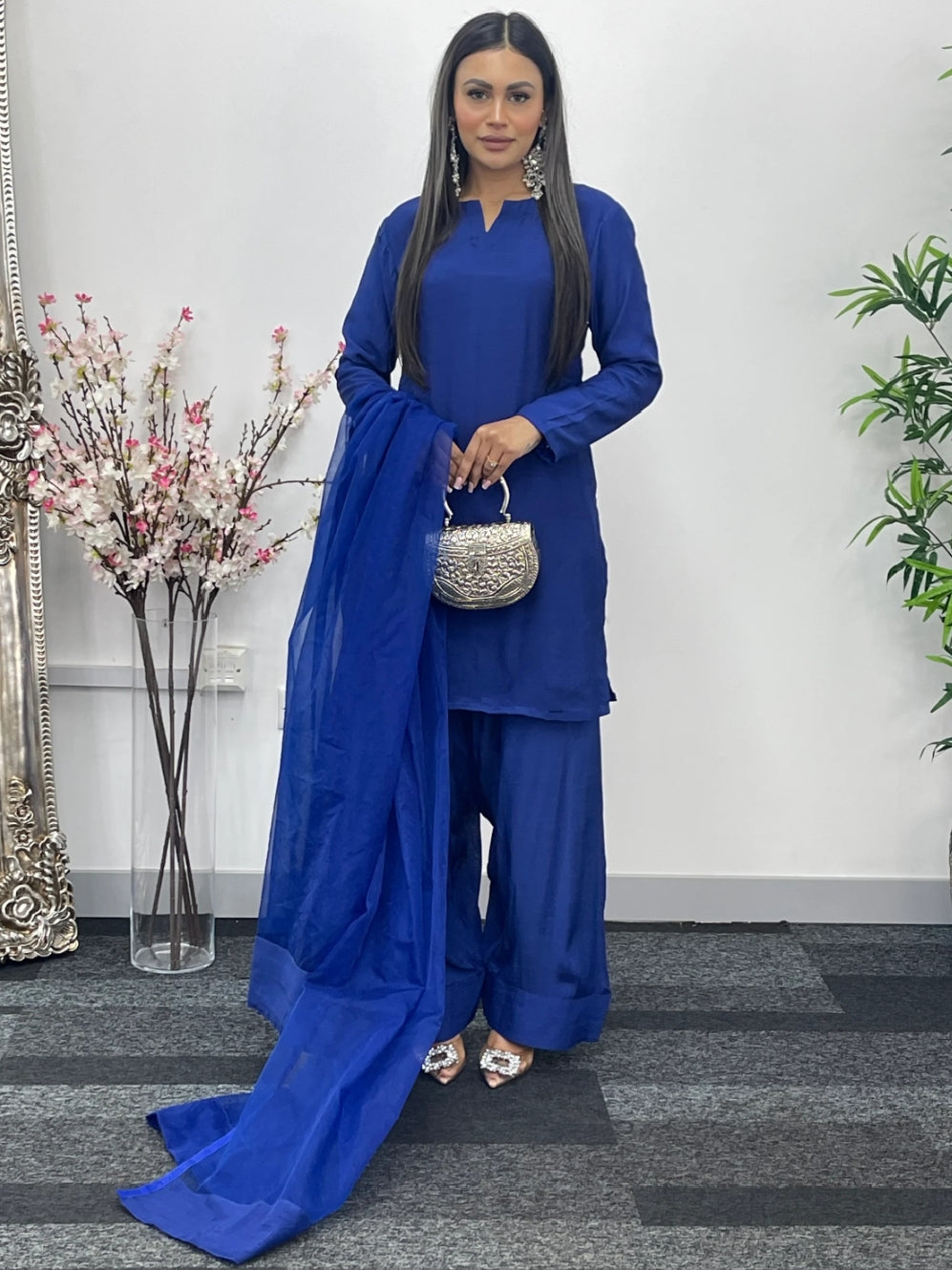 Party Wear 3pc Dress In Korean Silk With Organza Dupatta