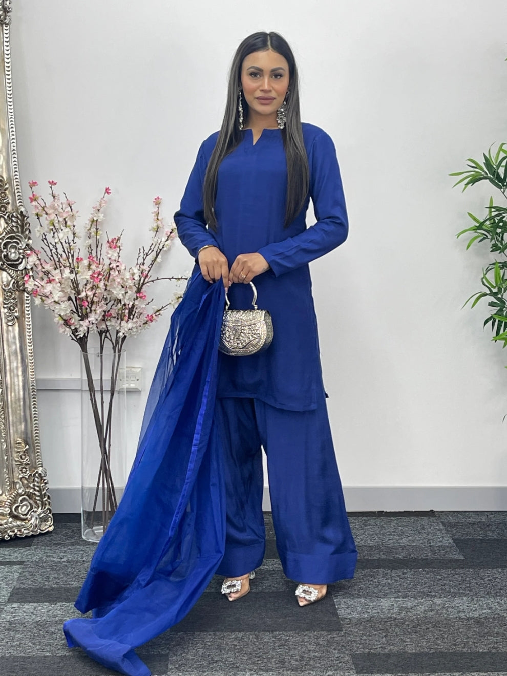 Party Wear 3pc Dress In Korean Silk With Organza Dupatta