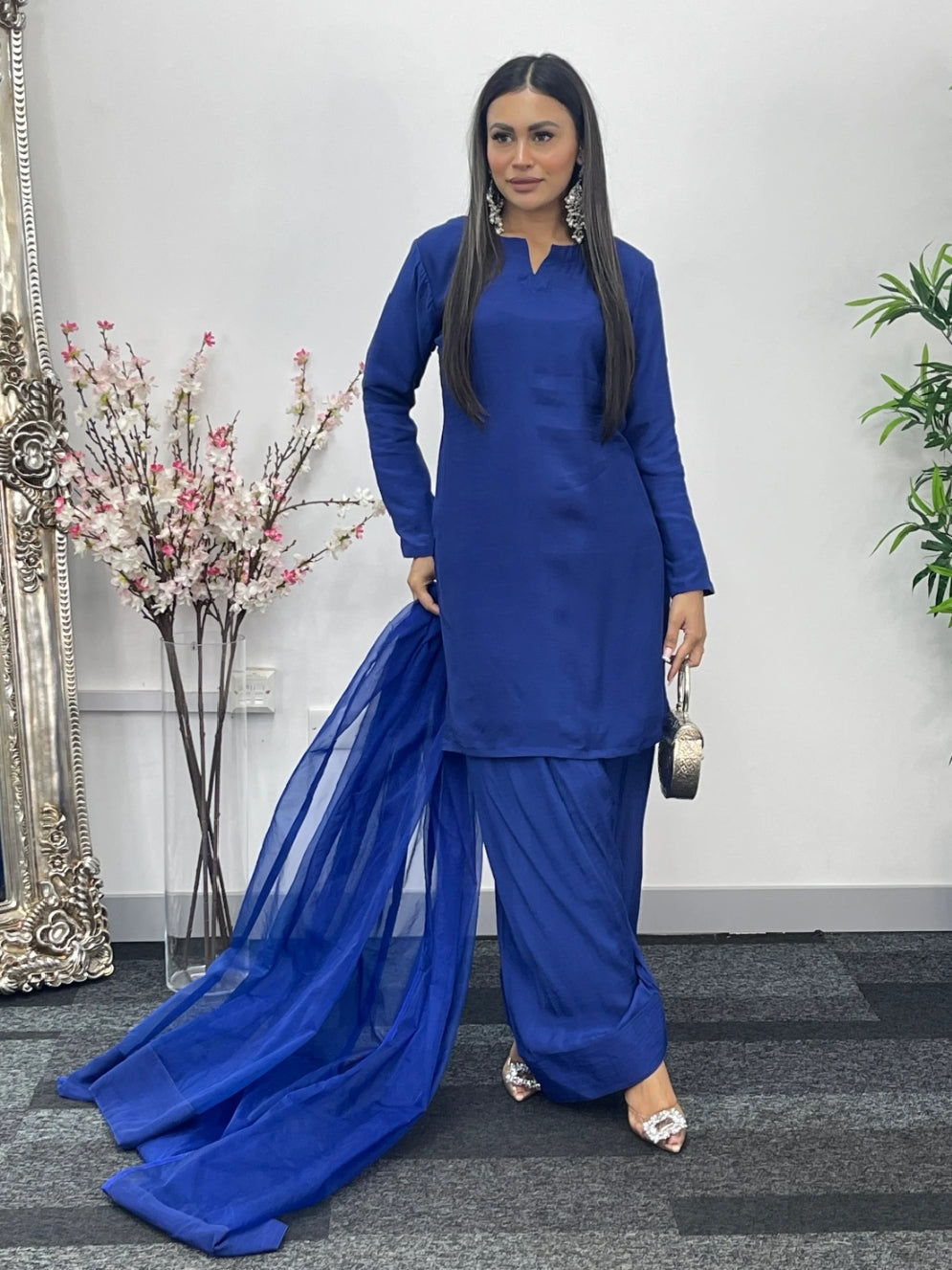 Party Wear 3pc Dress In Korean Silk With Organza Dupatta