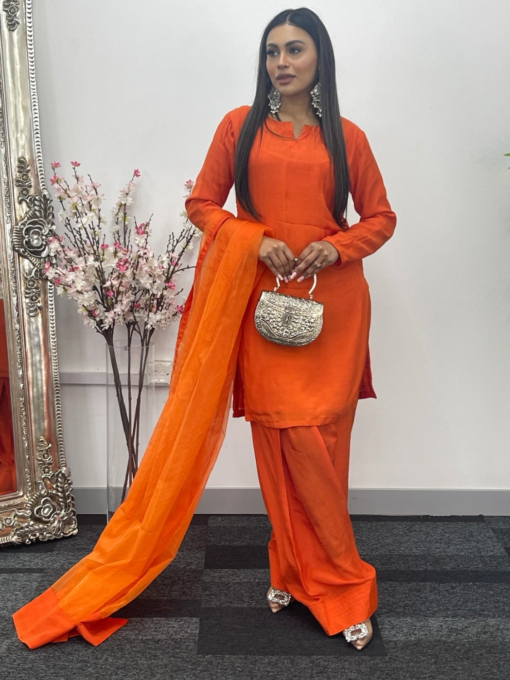 Party Wear 3pc Dress In Korean Silk With Organza Dupatta