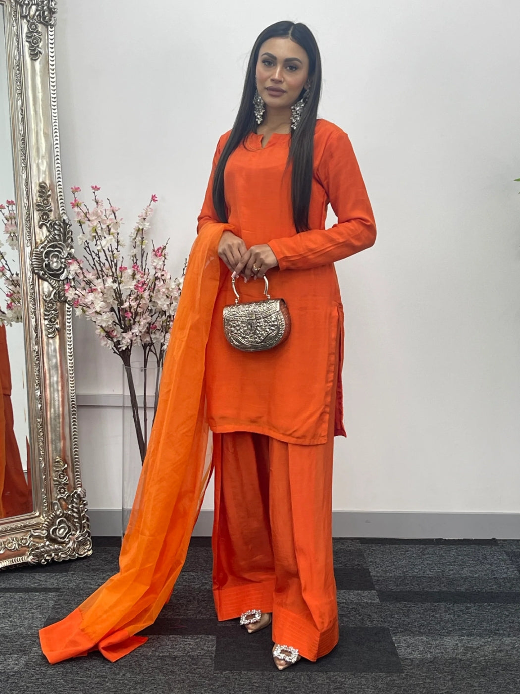 Party Wear 3pc Dress In Korean Silk With Organza Dupatta