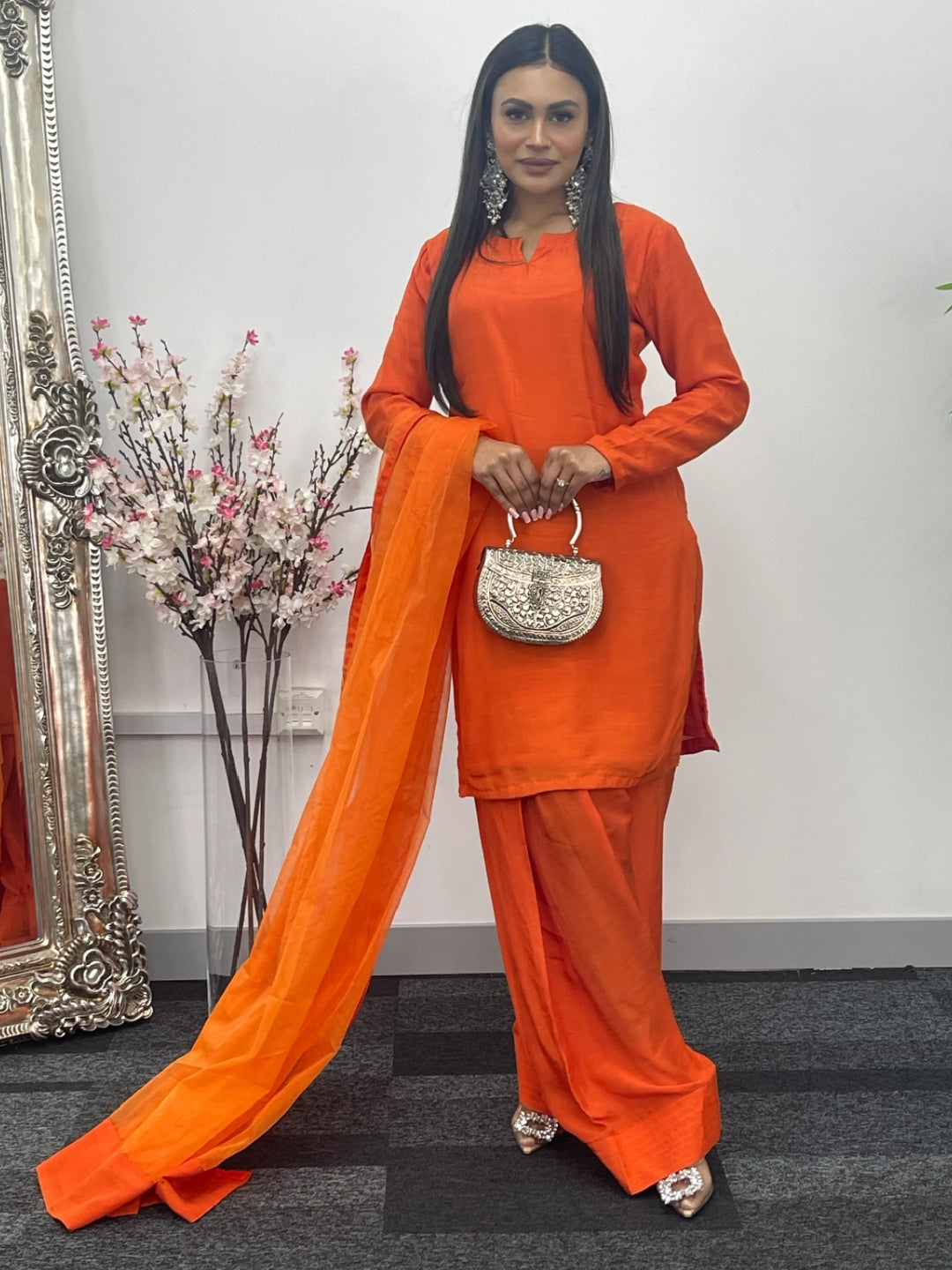 Party Wear 3pc Dress In Korean Silk With Organza Dupatta