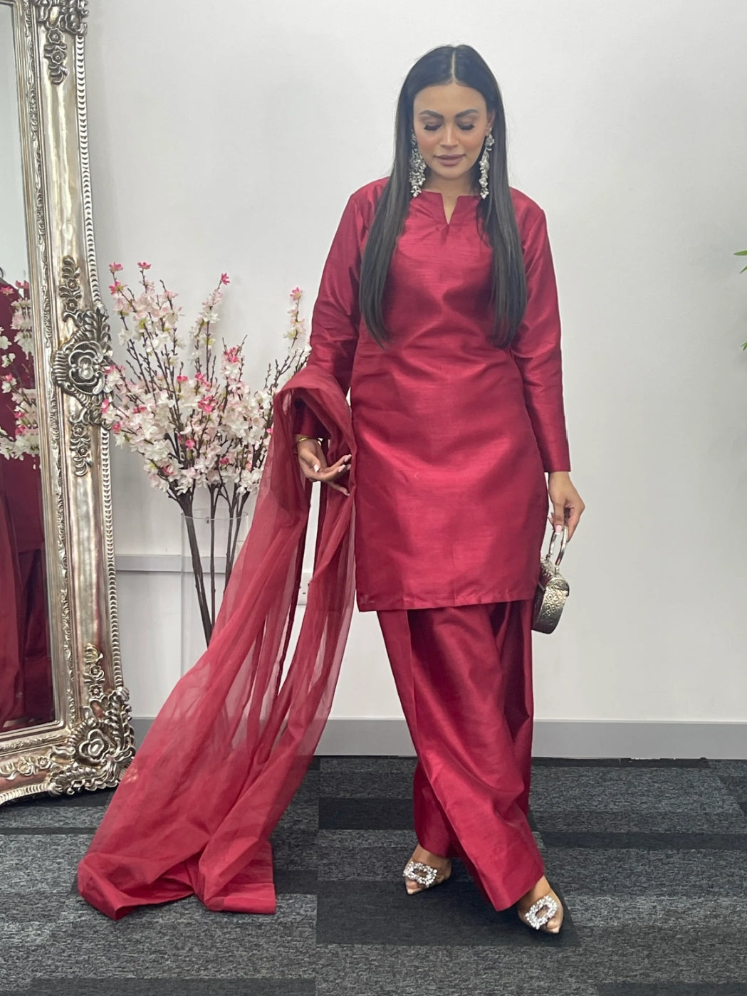 Party Wear 3pc Dress In Korean Silk With Organza Dupatta