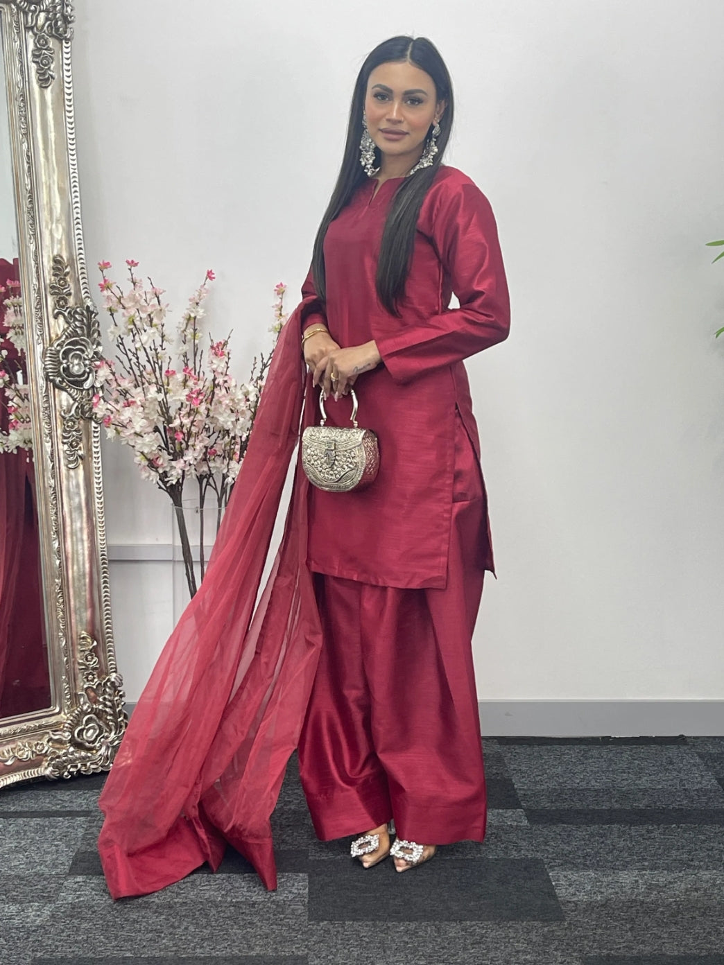Party Wear 3pc Dress In Korean Silk With Organza Dupatta