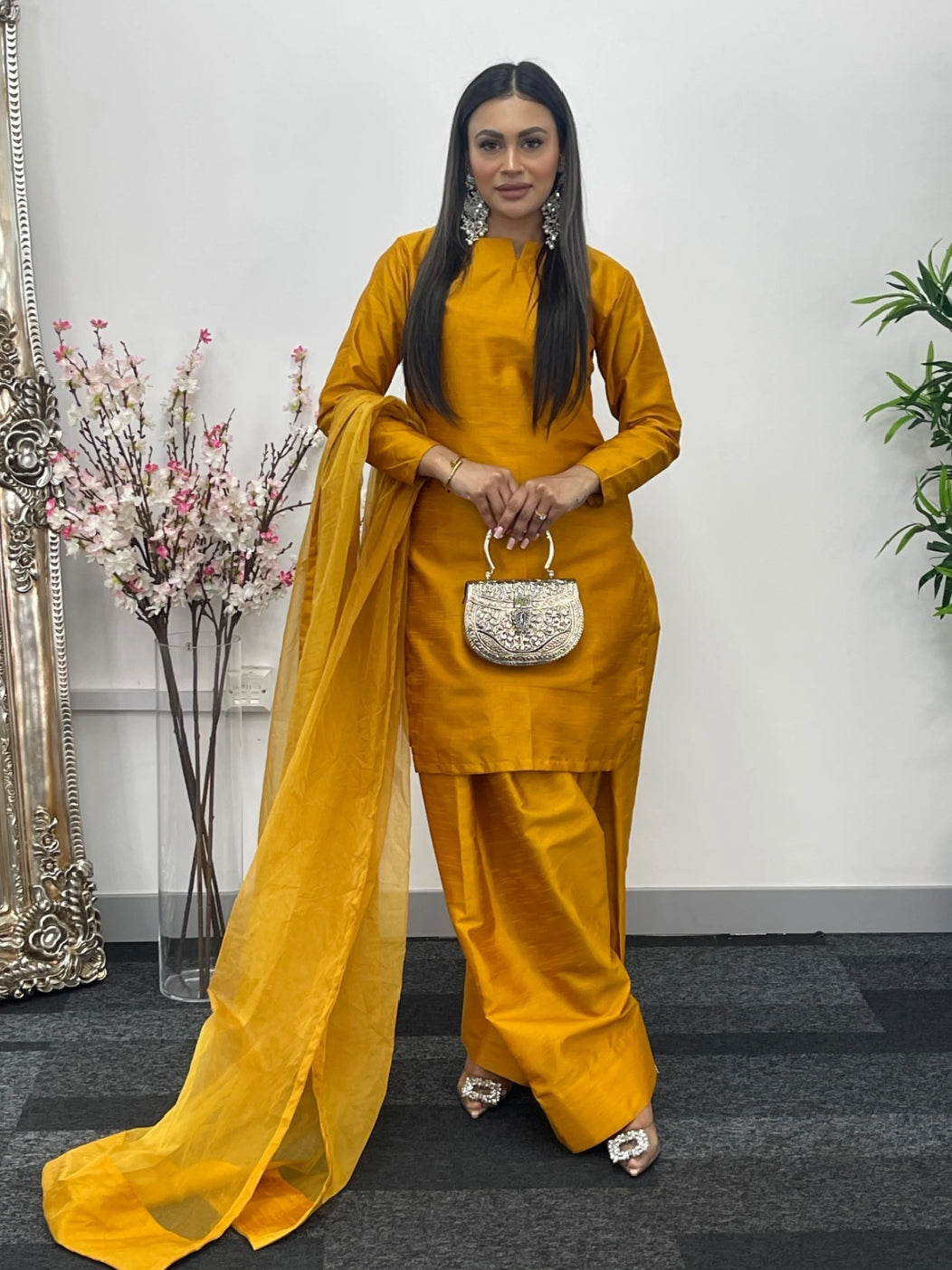Party Wear 3pc Dress In Korean Silk With Organza Dupatta