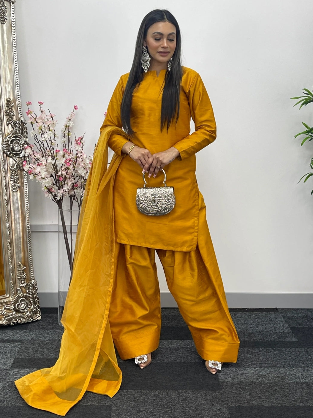 Party Wear 3pc Dress In Korean Silk With Organza Dupatta