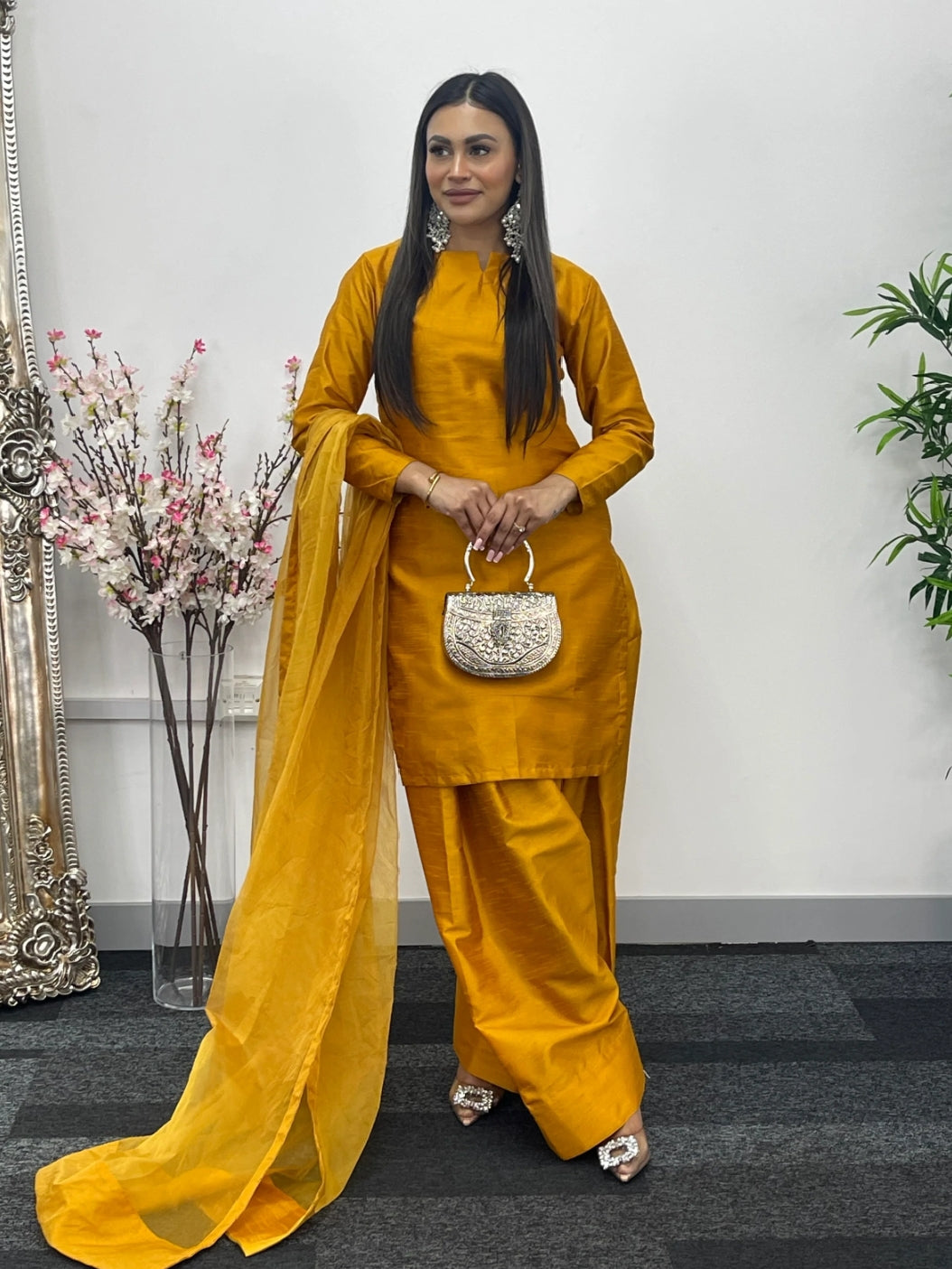 Party Wear 3pc Dress In Korean Silk With Organza Dupatta