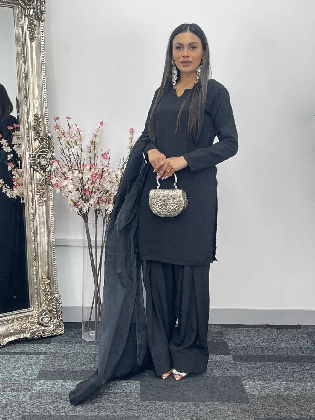 Party Wear 3pc Dress In Korean Silk With Organza Dupatta