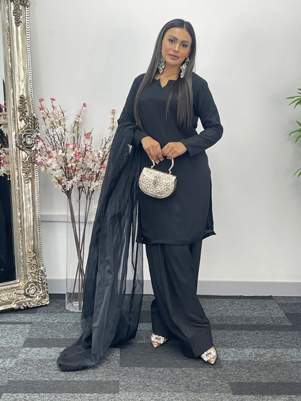 Party Wear 3pc Dress In Korean Silk With Organza Dupatta
