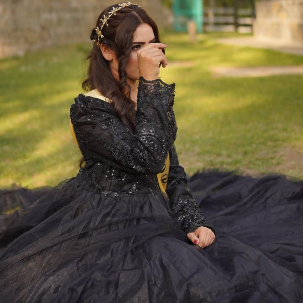 Elegant Black Net Maxi with Cutdana Embellished Body