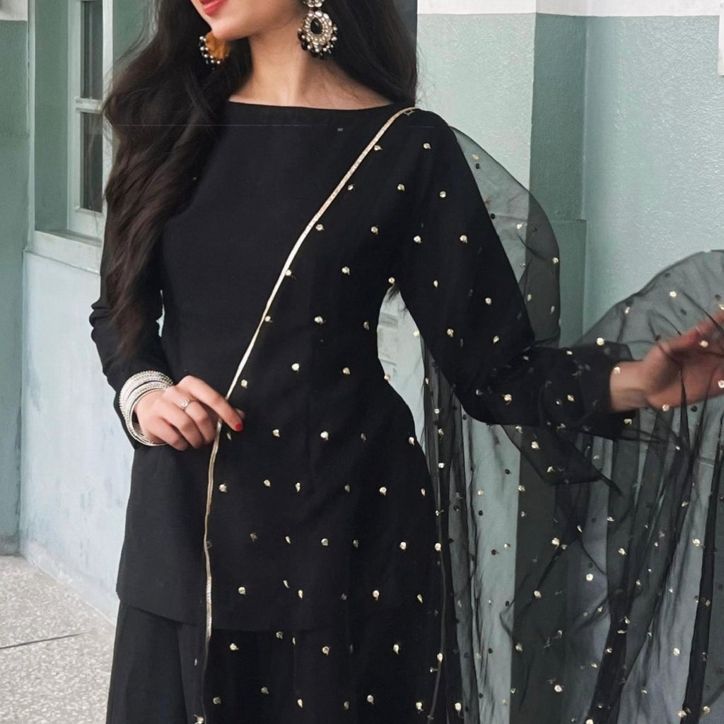Black Silk Shirt with Garara and Embellished Organza Dupatta