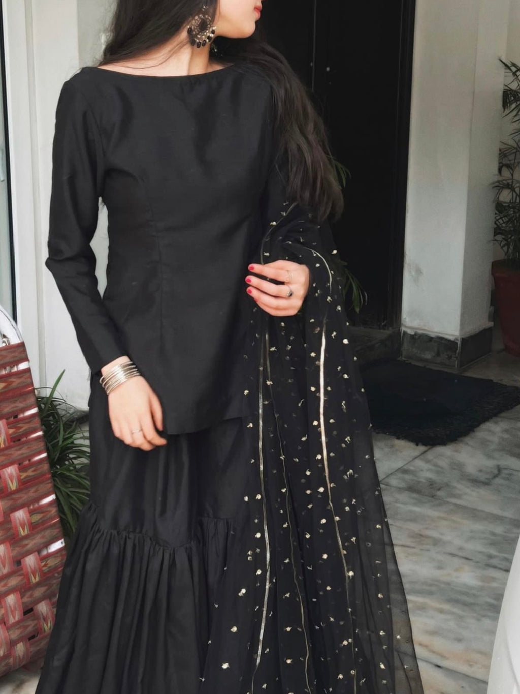 Black Silk Shirt with Garara and Embellished Organza Dupatta