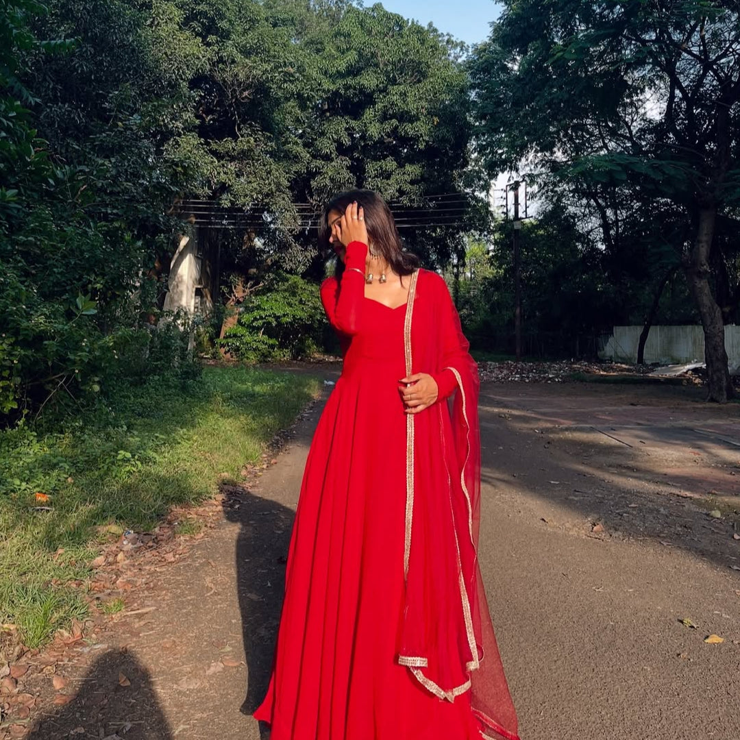Radiant Red Chiffon Maxi Dress with Matching Dupatta