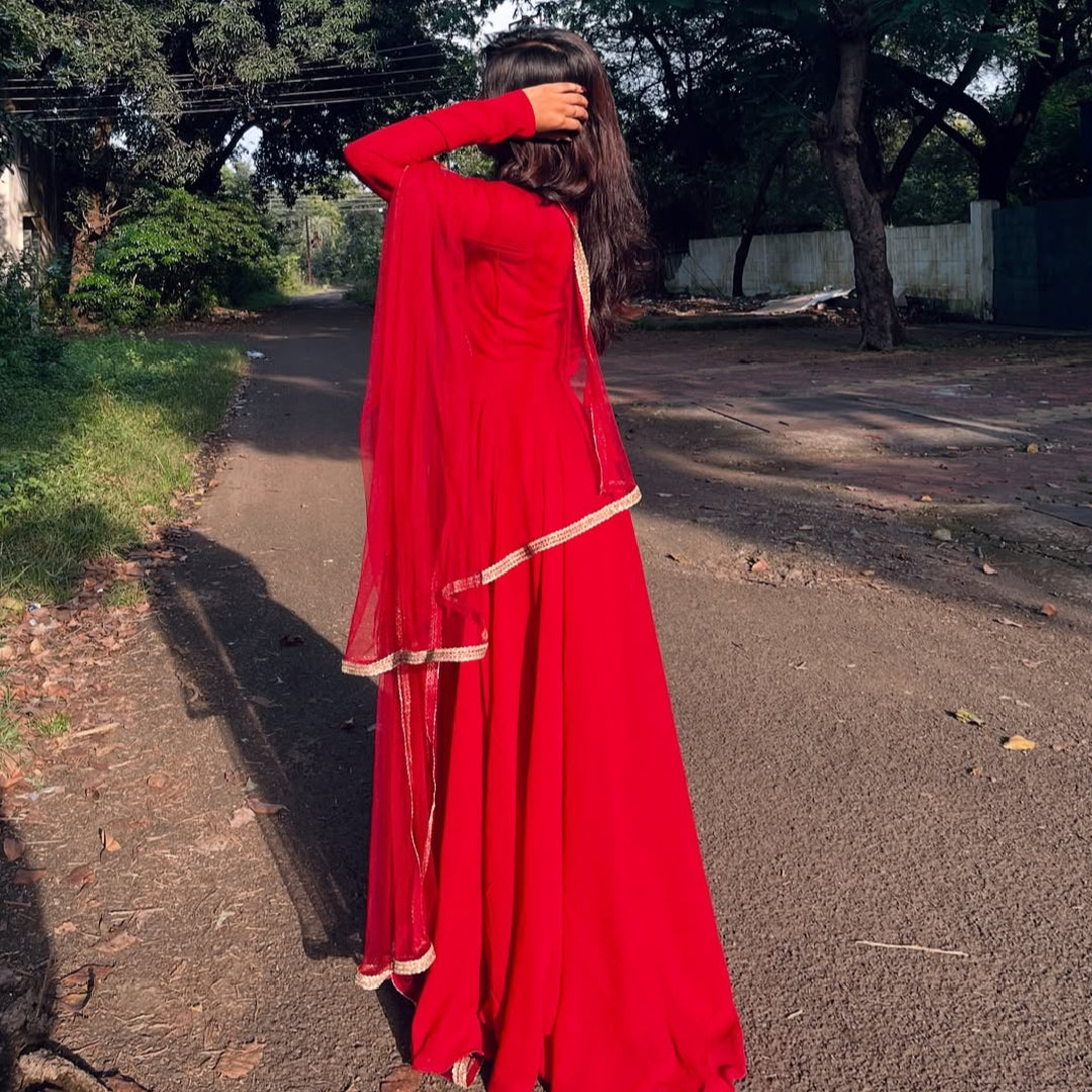 Radiant Red Chiffon Maxi Dress with Matching Dupatta