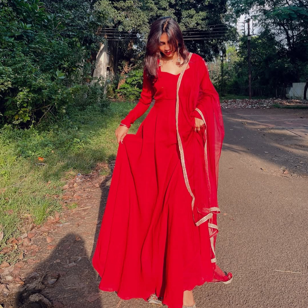 Radiant Red Chiffon Maxi Dress with Matching Dupatta