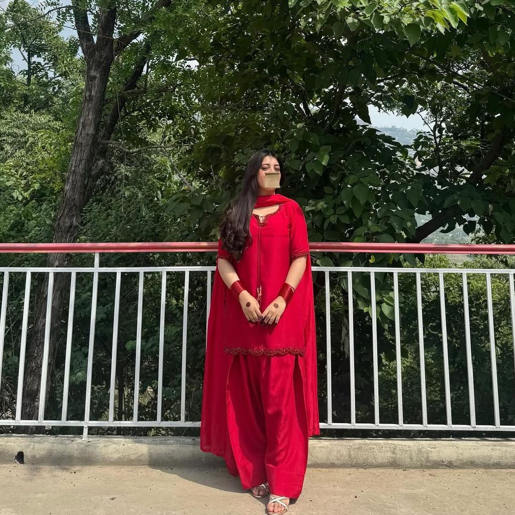 Red Silk Shirt with Farshi Shalwar and Chiffon Dupatta