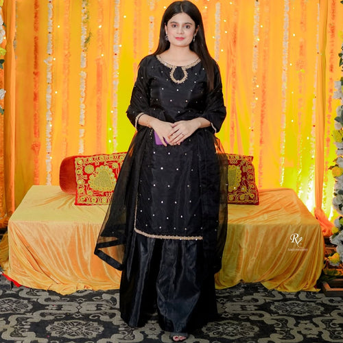 Black Silk Embellished Shirt, Silk Plazo & Organza Dupatta