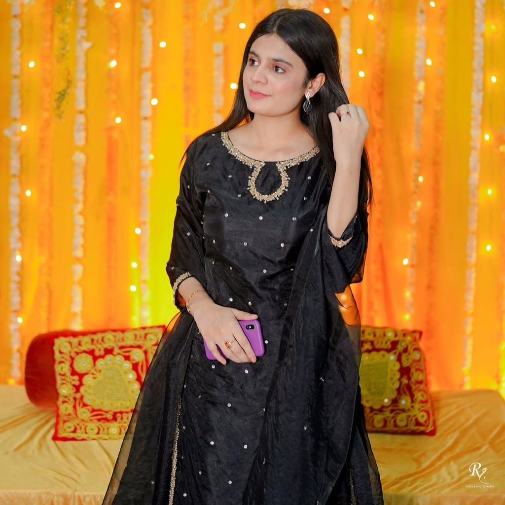 Black Silk Embellished Shirt, Silk Plazo & Organza Dupatta
