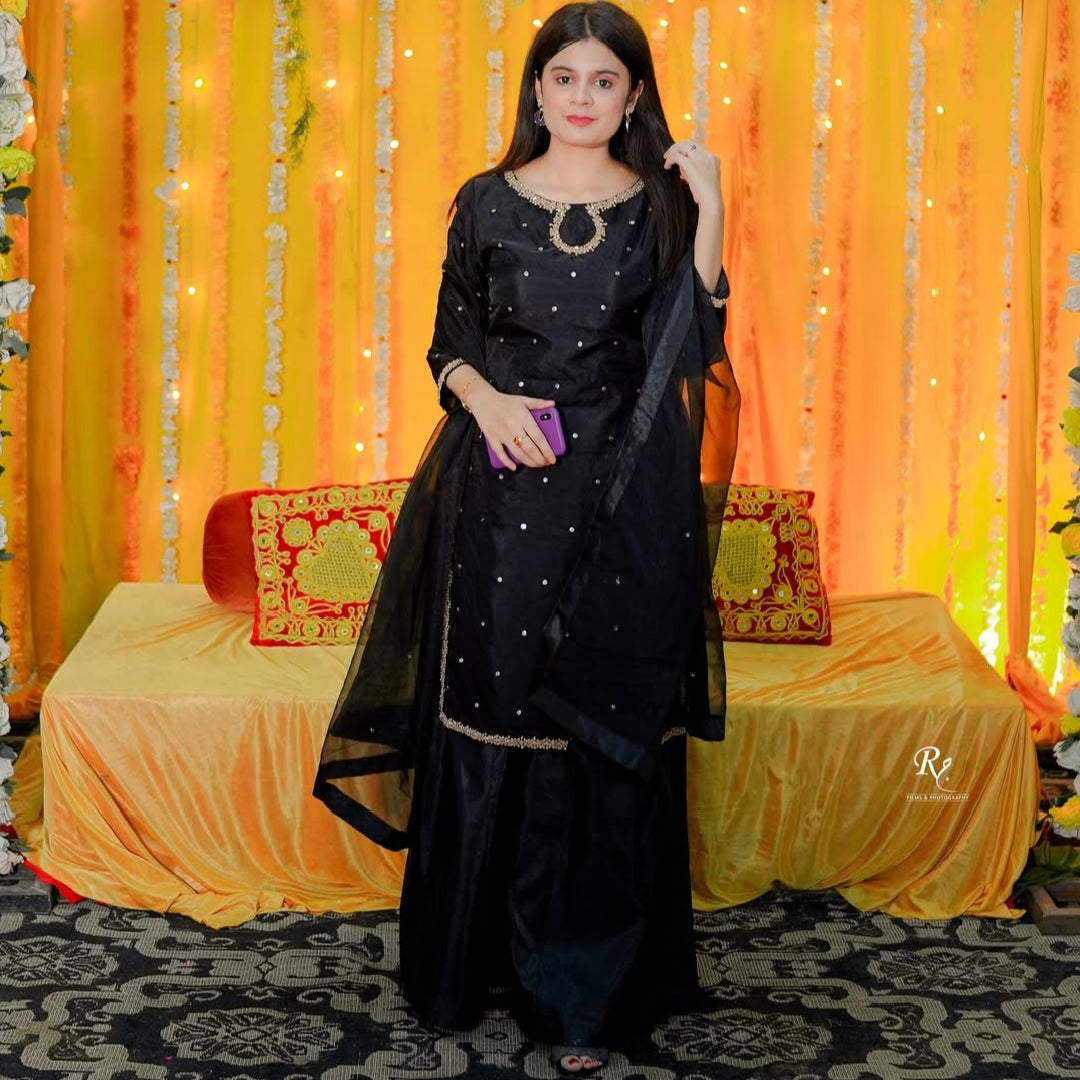 Black Silk Embellished Shirt, Silk Plazo & Organza Dupatta